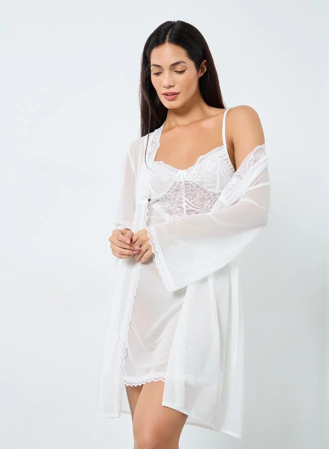 Take Two Take Two Lace Cup Mesh Slip Dress and Robe Set