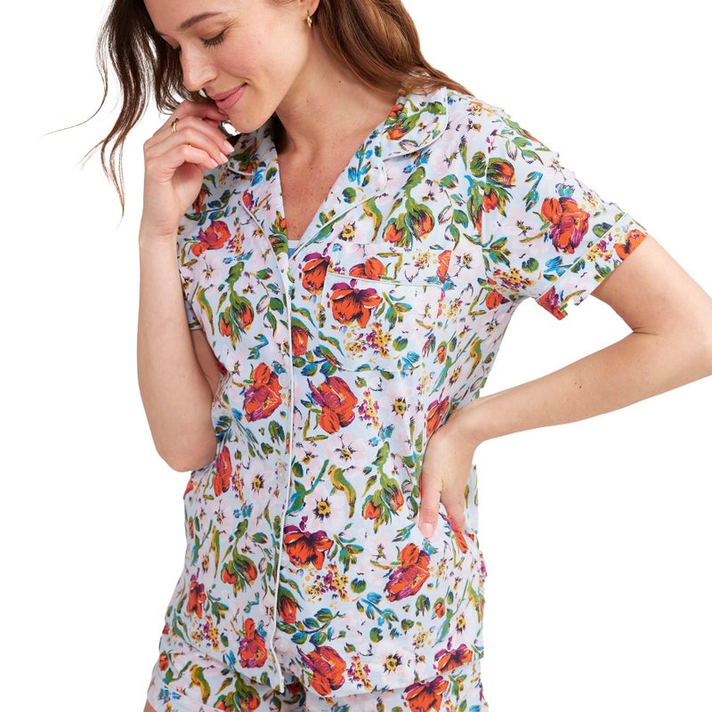 Vera Bradley Women's Cotton Pajama Set With Short Sleeve Button-up Shirt and Shorts (Extended Size Range), Sea Air Floral, X-Large