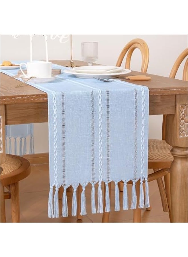 Farmhouse Table Runner 90 inches Macrame Woven Coffee Table Runner Cotton Rustic Fall Thanksgiving Table Runner with Tassels for Boho Home Decor Living Dining Room 13x90 inches Blue - Image 1