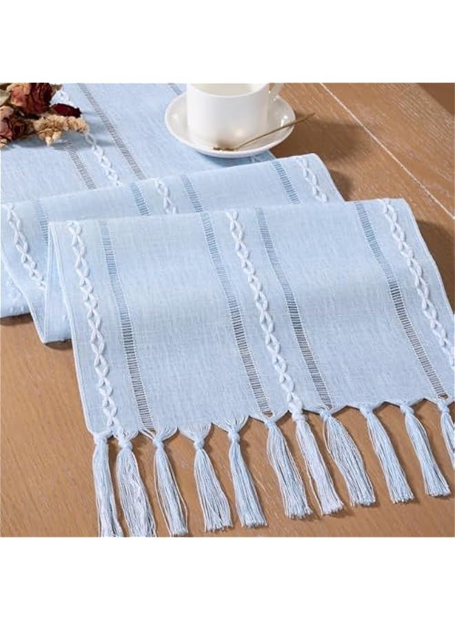 Farmhouse Table Runner 90 inches Macrame Woven Coffee Table Runner Cotton Rustic Fall Thanksgiving Table Runner with Tassels for Boho Home Decor Living Dining Room 13x90 inches Blue - Image 2