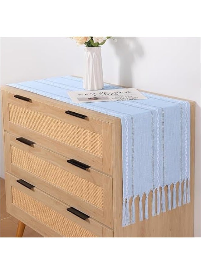 Farmhouse Table Runner 90 inches Macrame Woven Coffee Table Runner Cotton Rustic Fall Thanksgiving Table Runner with Tassels for Boho Home Decor Living Dining Room 13x90 inches Blue - Image 3