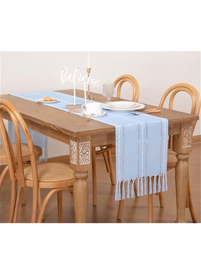 Farmhouse Table Runner 90 inches Macrame Woven Coffee Table Runner Cotton Rustic Fall Thanksgiving Table Runner with Tassels for Boho Home Decor Living Dining Room 13x90 inches Blue - Image 4
