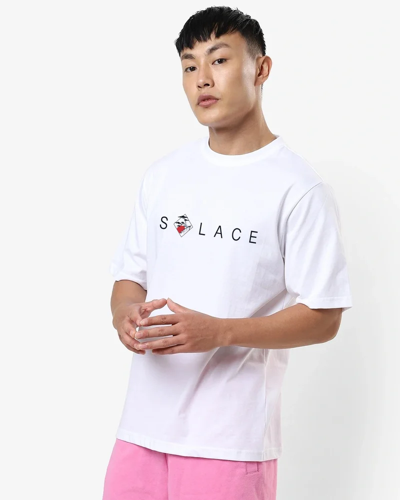 bewakoof Men's White Solace Typography Oversized T-shirt