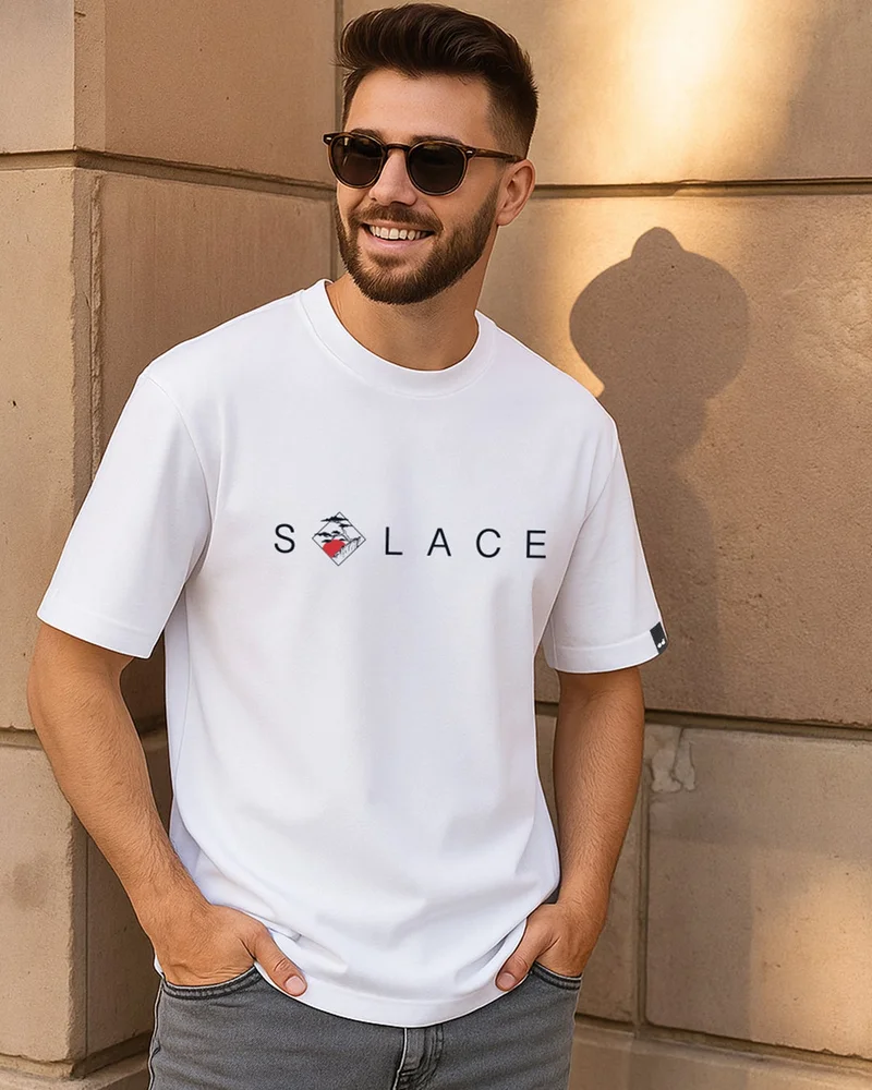 بيواكوف Men's White Solace Typography Oversized T-shirt