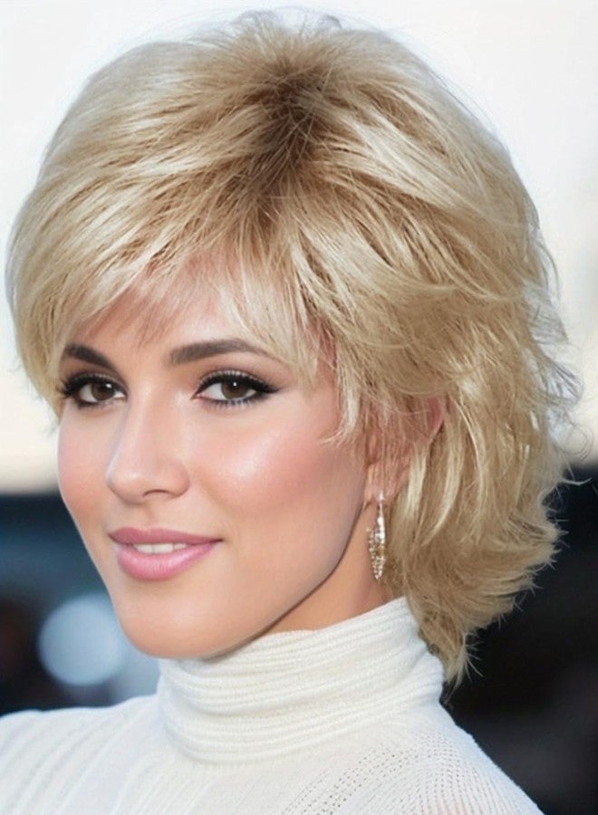 TISHINING Pixie Cut Short Ombre Blonde Curly Wigs for White Women Fluffy Layered Mixed Blonde Wig with Bangs Natural Looking Synthetic Daily Party Wig - Image 1