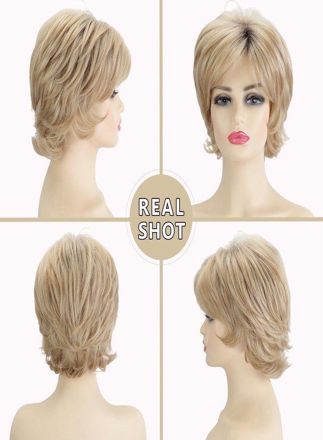 TISHINING Pixie Cut Short Ombre Blonde Curly Wigs for White Women Fluffy Layered Mixed Blonde Wig with Bangs Natural Looking Synthetic Daily Party Wig - Image 2