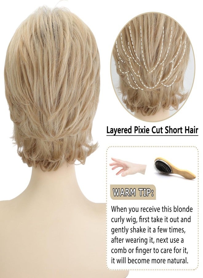 TISHINING Pixie Cut Short Ombre Blonde Curly Wigs for White Women Fluffy Layered Mixed Blonde Wig with Bangs Natural Looking Synthetic Daily Party Wig - Image 5