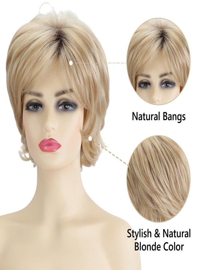 TISHINING Pixie Cut Short Ombre Blonde Curly Wigs for White Women Fluffy Layered Mixed Blonde Wig with Bangs Natural Looking Synthetic Daily Party Wig - Image 4