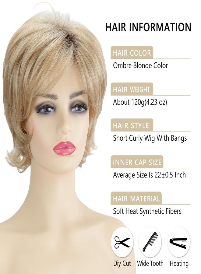 TISHINING Pixie Cut Short Ombre Blonde Curly Wigs for White Women Fluffy Layered Mixed Blonde Wig with Bangs Natural Looking Synthetic Daily Party Wig - Image 3