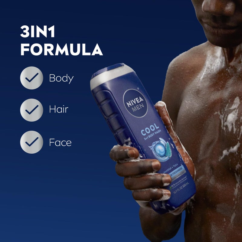 NIVEA Men Cool Body Wash, Icy Menthol and Yuzu Scent, 3-in-1 Men's Body Wash, Face and Hair, Paraben Free, pH-Skin Friendly, 16.9 Fl Oz Bottle, Pack of 3 - Image 3