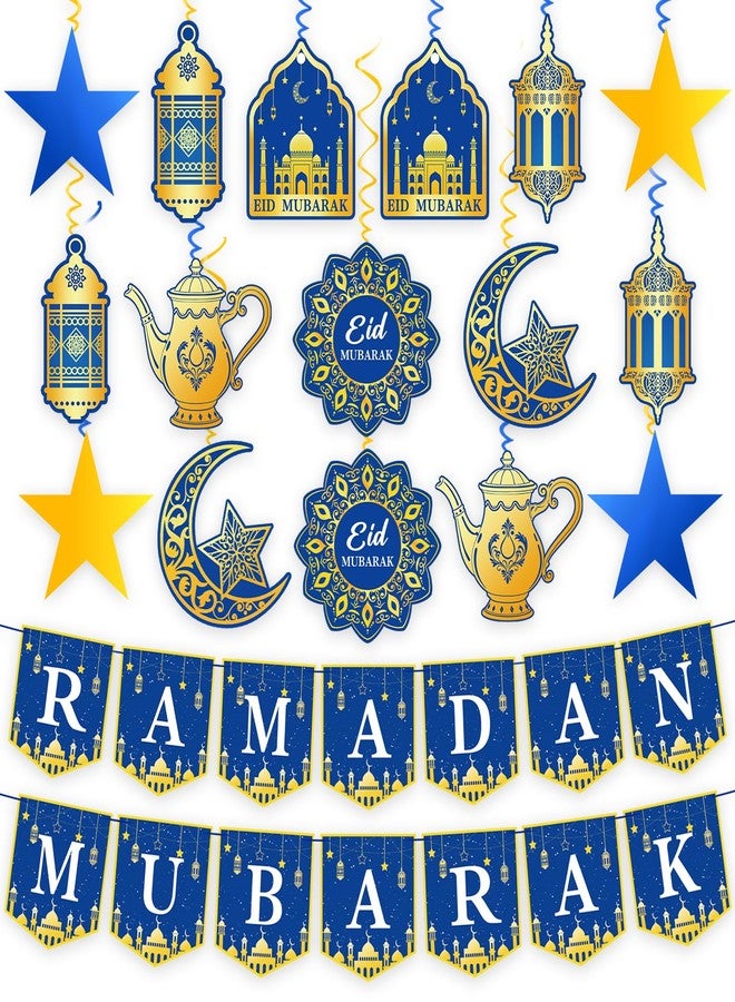 Labrostar 34Pcs Ramadan Decorations Pre-Assembled Mubarak Eid Kareem Muslim Banner Hanging Swirls Garland Decor Party Supplies Ramadan Decorations for Home - Image 1