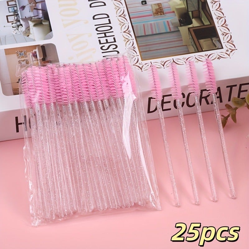 25pcs Crystal Rod Mascara & Eyebrow Brush Set - Multi-Color, Includes Comb, Spiral Brush, and Eyebrow Comb - Image 3