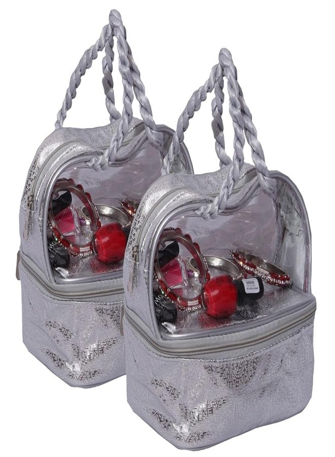 كوبير إندستريز مجموعة مكياج من كوبر إندستريز | حقيبة مستحضرات تجميل بنقشة تشوتي | مجموعة مستحضرات تجميل مزدوجة الطبقات | مجموعة مجوهرات سفر مغلفة | مجموعة مكياج أنيقة بمقبض | عبوة من قطعتين | فضي - Image 1