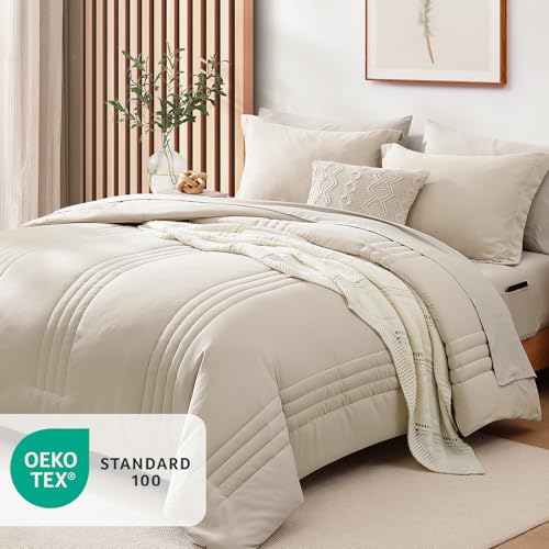 Monbix Full Size Comforter Set - 7 Pieces Beige Bed in a Bag Full Size Bedding Sets with Comforters, All Seasons Comforter with Sheets,Pillowcases & Shams - Image 4