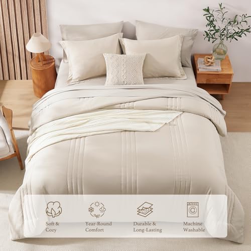 Monbix Full Size Comforter Set - 7 Pieces Beige Bed in a Bag Full Size Bedding Sets with Comforters, All Seasons Comforter with Sheets,Pillowcases & Shams - Image 3