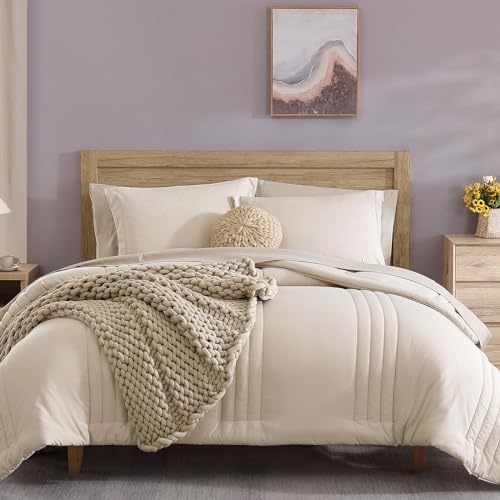 Monbix Full Size Comforter Set - 7 Pieces Beige Bed in a Bag Full Size Bedding Sets with Comforters, All Seasons Comforter with Sheets,Pillowcases & Shams - Image 1