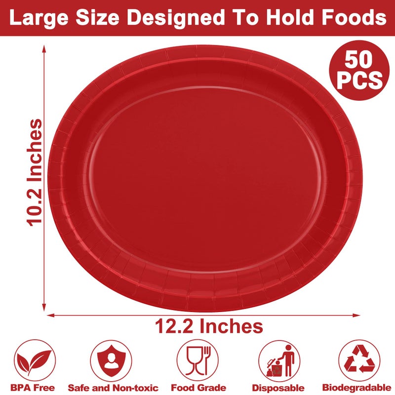 QZYL 50 Pcs Party Decorations, 12.2'' X 10.2'' Oval Large Paper Plates, Red Disposable Heavy Duty Paper Plates for Birthday Party, Wedding, Picnic, Barbecue, Holiday - Image 2