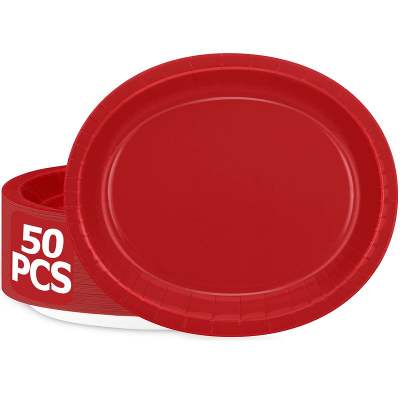 QZYL 50 Pcs Party Decorations, 12.2'' X 10.2'' Oval Large Paper Plates, Red Disposable Heavy Duty Paper Plates for Birthday Party, Wedding, Picnic, Barbecue, Holiday - Image 1