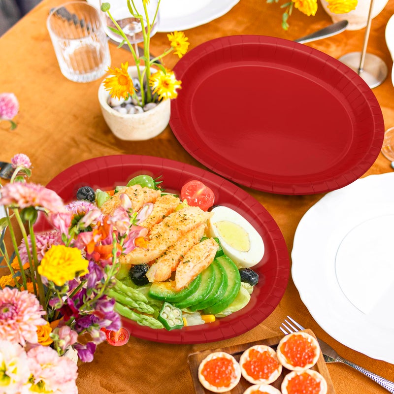 QZYL 50 Pcs Party Decorations, 12.2'' X 10.2'' Oval Large Paper Plates, Red Disposable Heavy Duty Paper Plates for Birthday Party, Wedding, Picnic, Barbecue, Holiday - Image 5