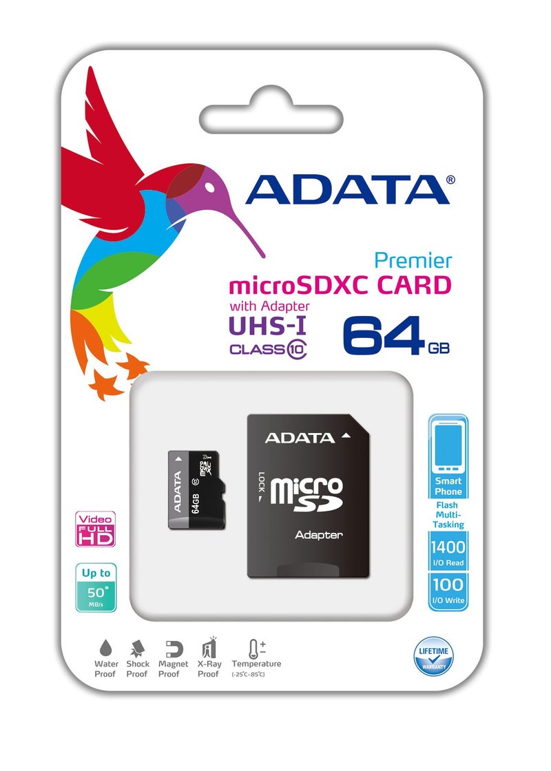 ADATA Premier 64GB microSDHC/SDXC UHS-I U1 Class 10 Memory Card with Adapter (AUSDX64GUICL10-RA1) - Image 4
