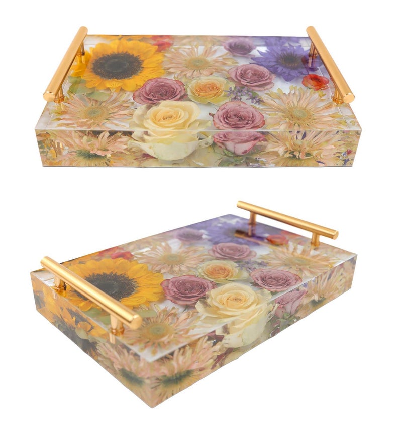 ModWgGuo Resin Tray Molds Silicone, 13.5" Large Rectangle Deep Tray Resin Mold & Gold and Silver Handle, Shiny Silicone Tray Board Table Mold for Resin, Floral Preservation Bouquet Resin Mold - Image 3