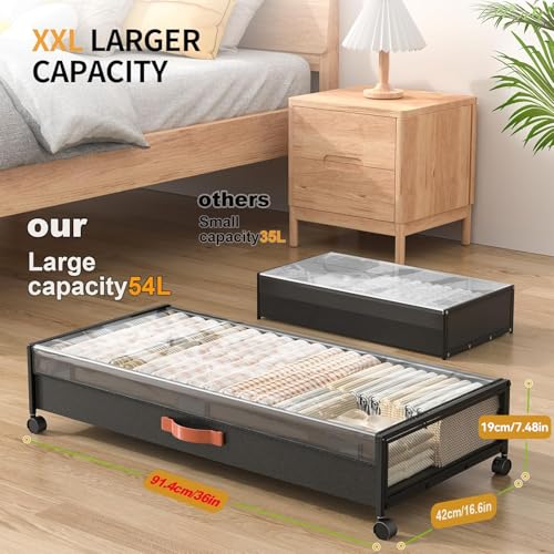 Eastherry Under Bed Storage Containers with Wheels Large Underbed Shoes Blankets Clothes Toy Storage Drawers for College Dorms Bedrooms Nursery Rooms Organization (Black 2 Pack, 7.5in height(36"x16.6"x7.48")) - Image 2
