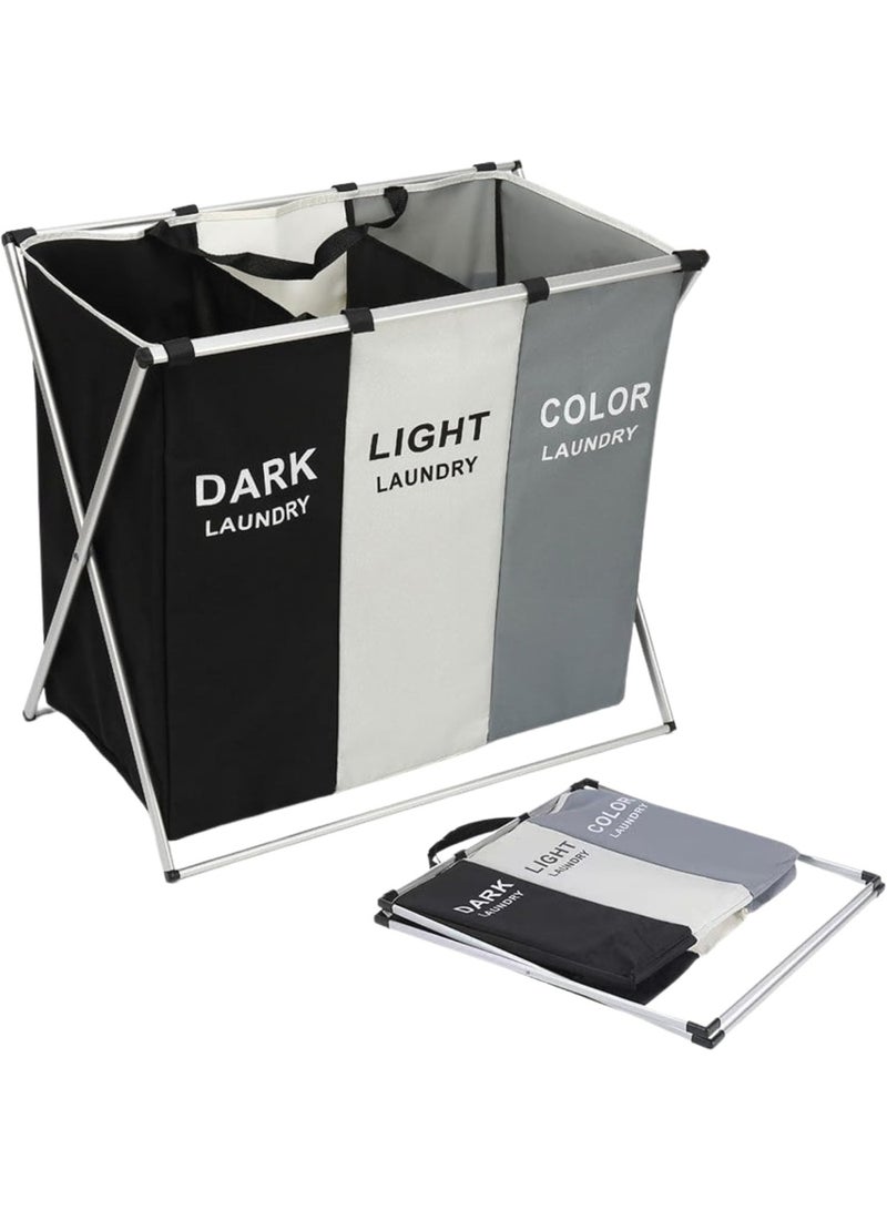 سلة غسيل بثلاثة أقسام للفرز - سلة غسيل قابلة للطي ومقاومة للماء مصنوعة من قماش أكسفورد مع إطار من الألومنيوم لفصل الملابس حسب اللون - حل تخزين غسيل بسعة كبيرة للمنزل والسكن الجامعي والشقة - Image 1