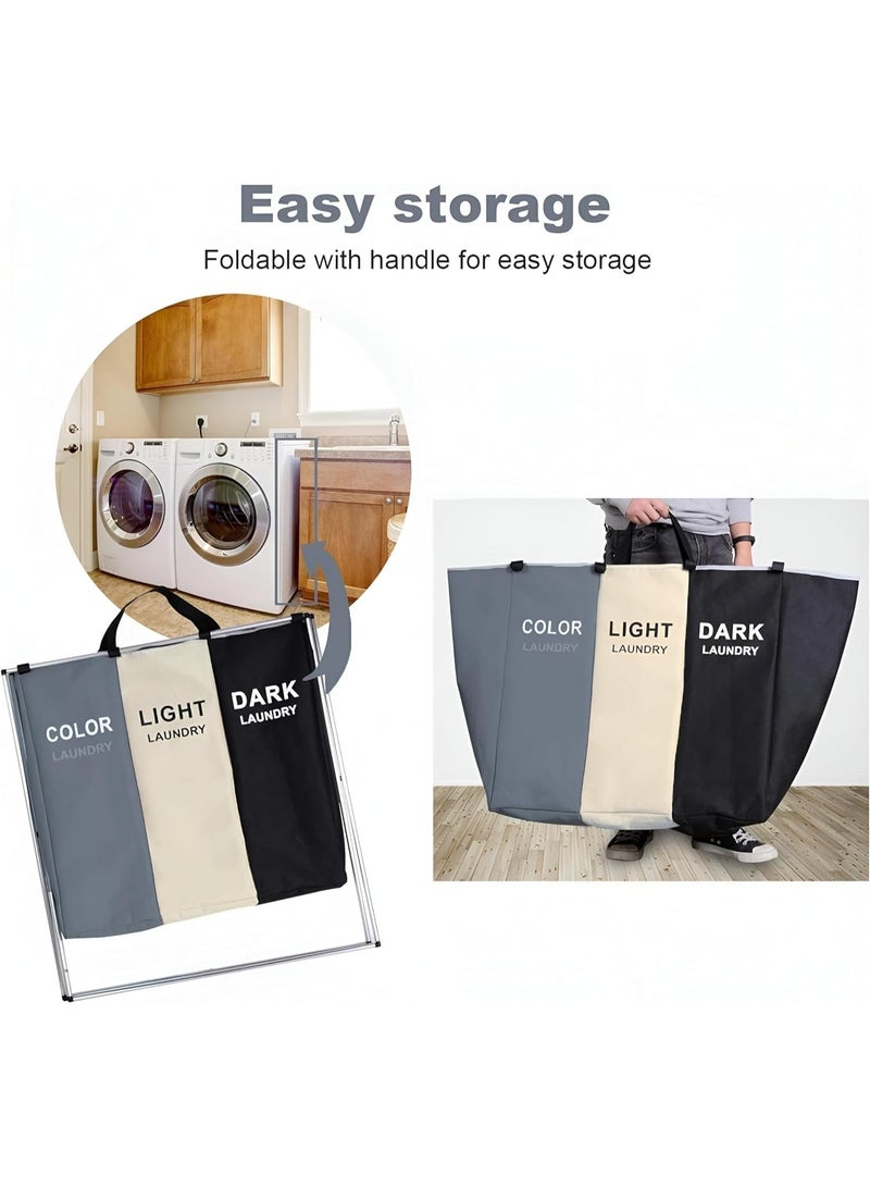 سلة غسيل بثلاثة أقسام للفرز - سلة غسيل قابلة للطي ومقاومة للماء مصنوعة من قماش أكسفورد مع إطار من الألومنيوم لفصل الملابس حسب اللون - حل تخزين غسيل بسعة كبيرة للمنزل والسكن الجامعي والشقة - Image 5
