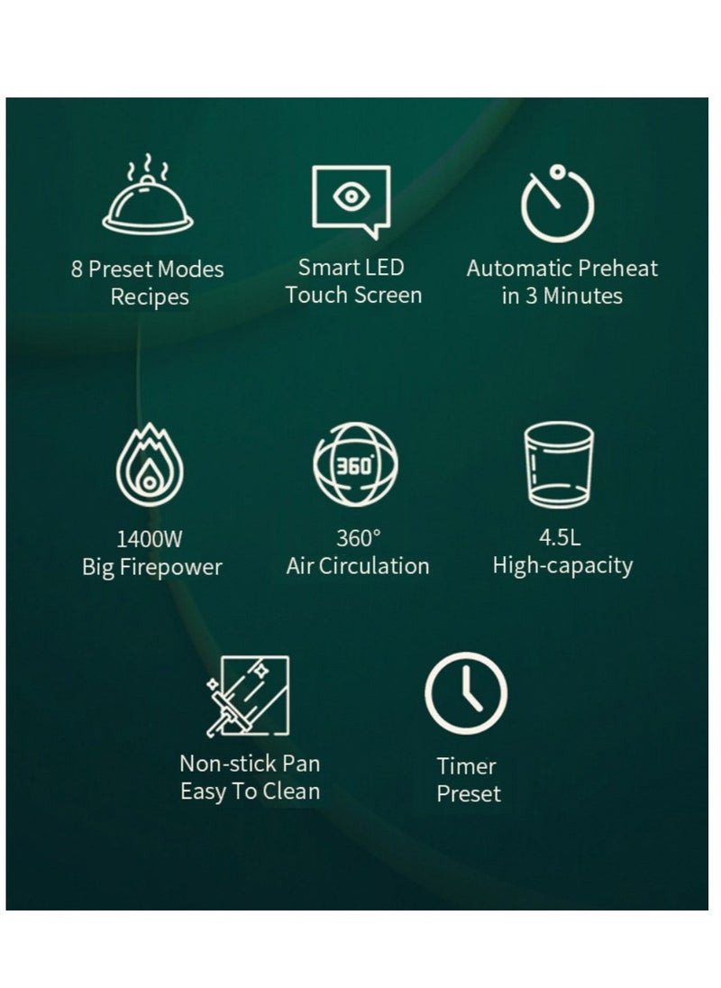 Mi VAZA Smart Air Fryer - 4.5L Large Capacity - Automatic Electric Fryer - Screen Touch Control Panel - Auto Power Off - Intelligent Temperature Control - Non-stick Coating -  Oil-free Baking - Home Oven - 1400W  - Image 2