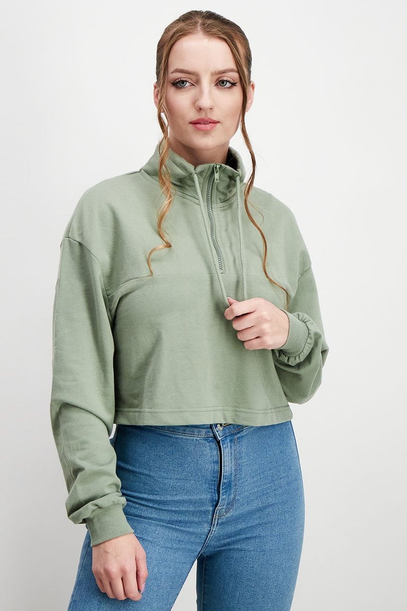 XOXO Women Cropped Plain Long Sleeve Sweater, Tea Olive - Image 1