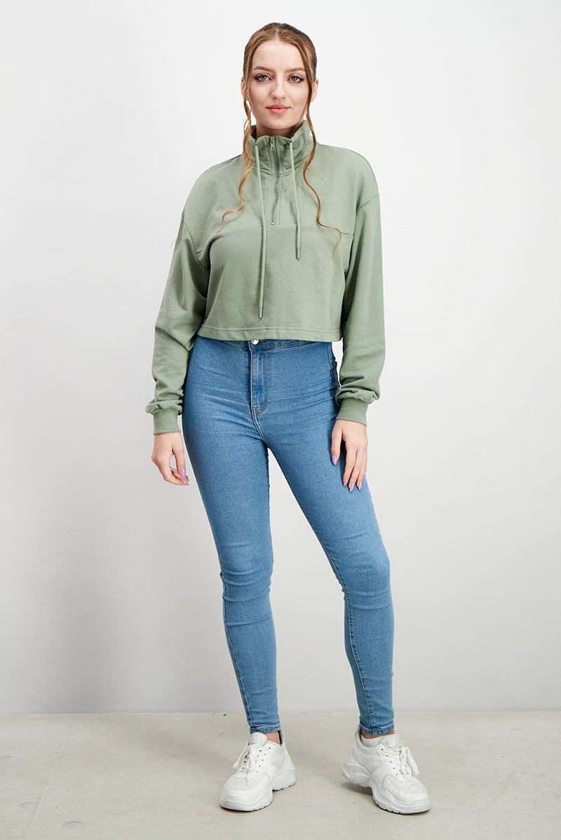 XOXO Women Cropped Plain Long Sleeve Sweater, Tea Olive - Image 4