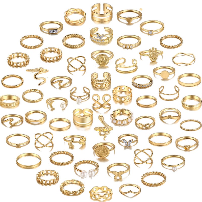 YEEZII 68 Pcs Gold Knuckle Rings Set for Women, Stackable Boho Joint Finger Midi Rings Silver Hollow Carved Crystal Stacking Ring Pack - Image 1