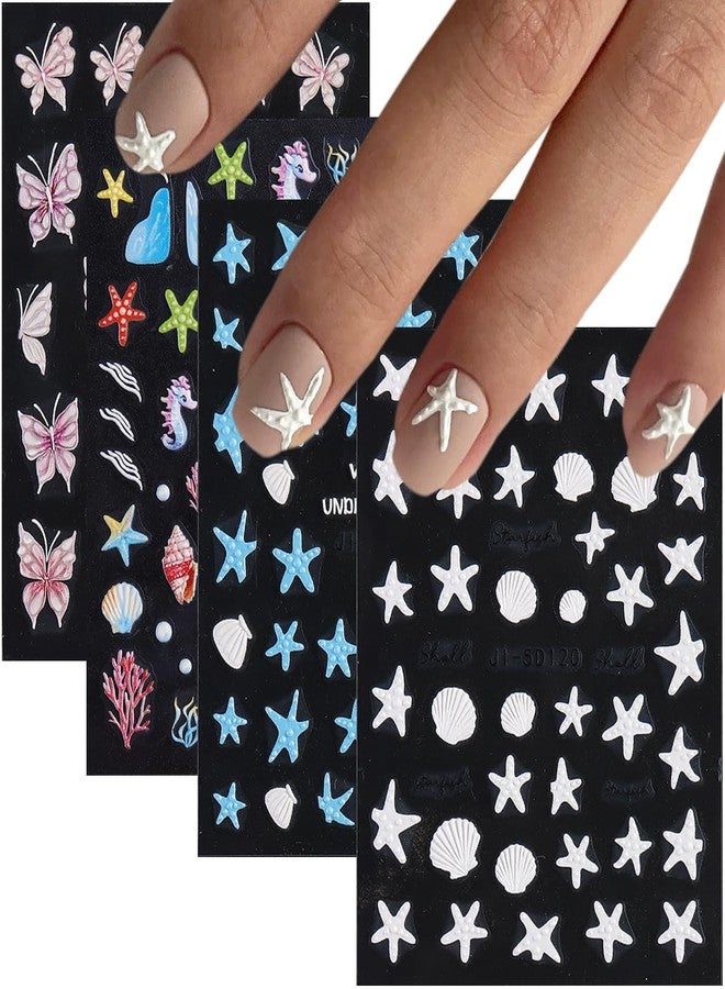 Fcozpjk Summer Ocean Nail Stickers, Starfish & Sea Horse Nail Decals, 4 Sheets 5D Embossed Vacation Nail Art - Image 1