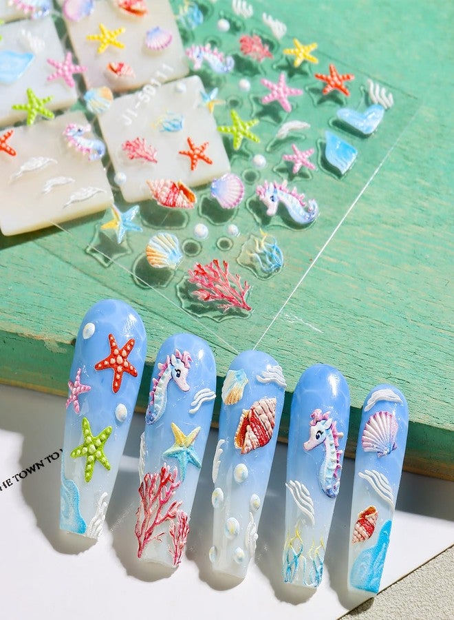 Fcozpjk Summer Ocean Nail Stickers, Starfish & Sea Horse Nail Decals, 4 Sheets 5D Embossed Vacation Nail Art - Image 5