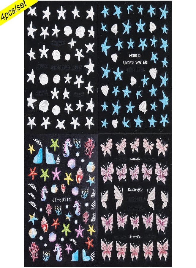 Fcozpjk Summer Ocean Nail Stickers, Starfish & Sea Horse Nail Decals, 4 Sheets 5D Embossed Vacation Nail Art - Image 2
