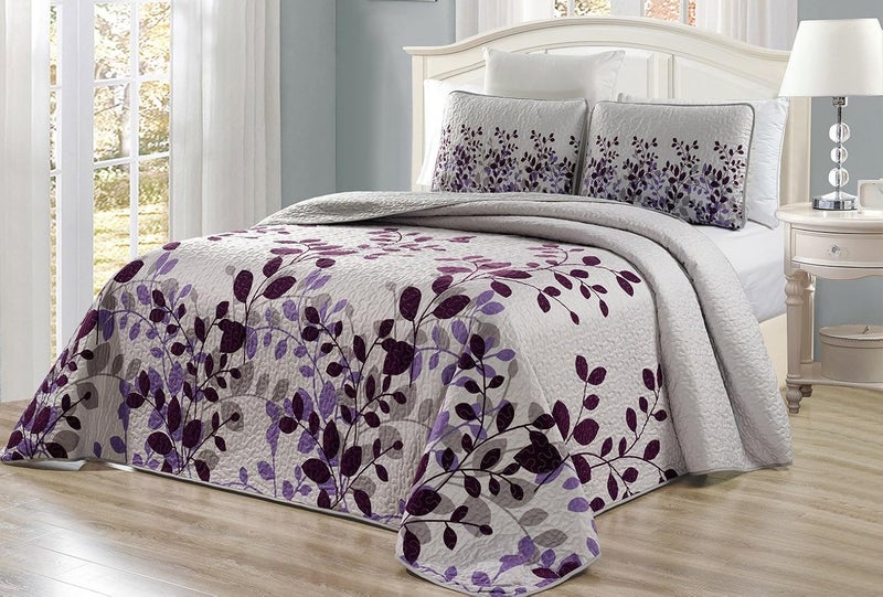 Grand Linen 3Piece Fine Printed Oversize 115 X 95 Fresca Quilt Set Reversible Bedspread Coverlet King Size Bed Cover Purple Grey Vine