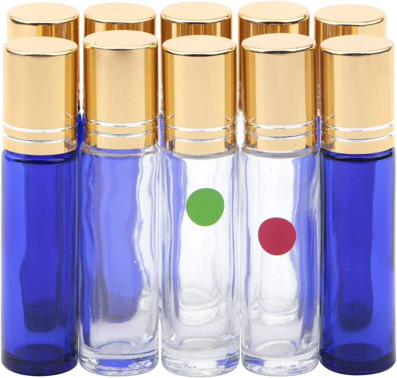 NewZoll Essential Oil Roller Bottles Set, 10Pcs 10ml Glass Roller Bottle Bulk with 154 Dot Labels, 5 Funnels, 5 Droppers, 1 Opener, Perfume Sample Bottles Vials, Rolling Bottles 