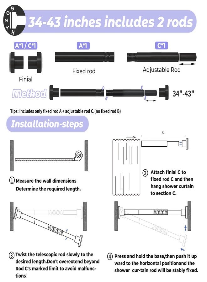 HTZON Shower Curtain Rod Spring Tension:Black Shower Rods for Bathroom 34 to 43 Inch,1 Inch Modern Heavy Duty Adjustable Tension Shower Curtain Rod No Drilling No-Slip Easy Install,Matte Black - Image 2
