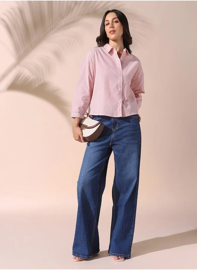 Dennis Lingo Women orange relaxed fit striped full sleeves button down cotton blend shirts with button closure featuring a spread collar- tailored to elevate your everyday.