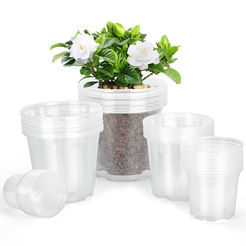 دونبوت 45 عبوة 76543 بوصة أصص حضانة شفافة للنباتات أصص نباتات بلاستيكية شفافة مع فتحات تصريف مجموعة متنوعة مرنة لأصص الحدائق في الهواء الطلق والداخلية لبدء زراعة البذور