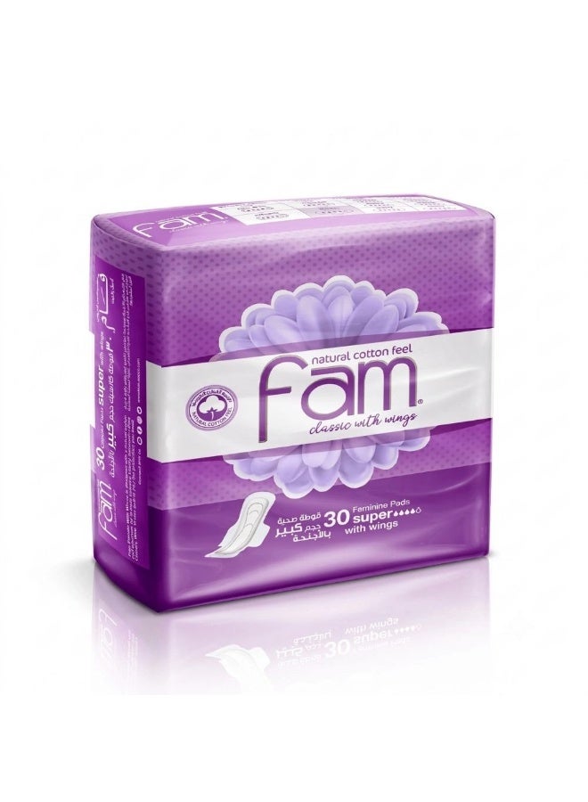 Fam Power Plus Natural Cotton Feel Feminine Super Pads Folded With Wings- 30pcs