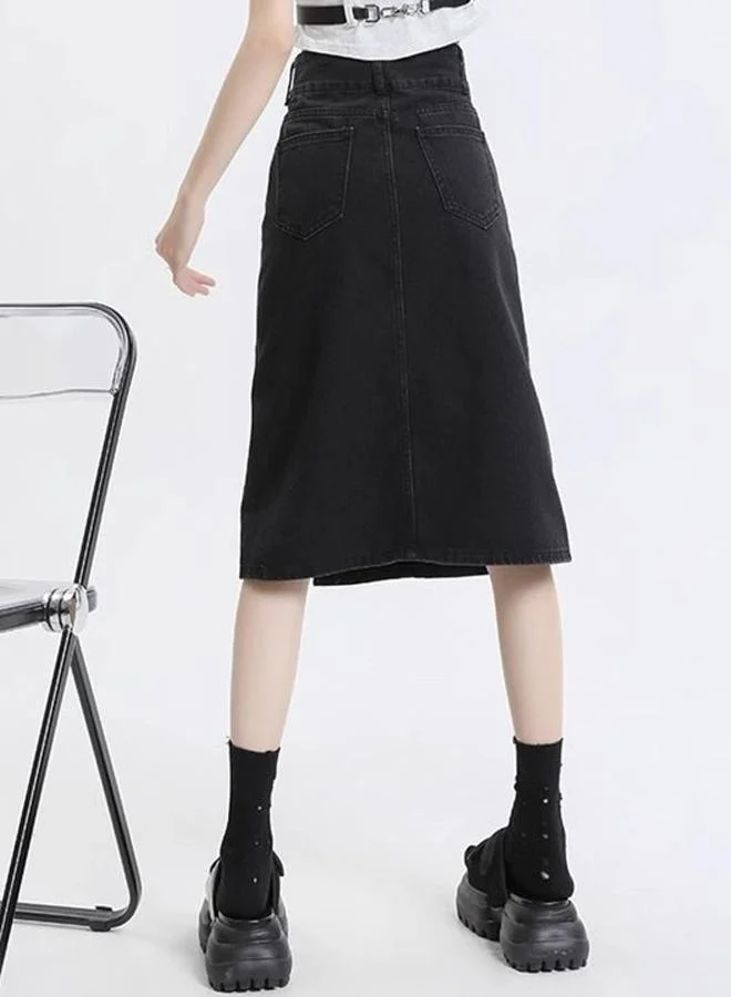 YUNIQEE Black A-Line Knee-Length Denim Skirts