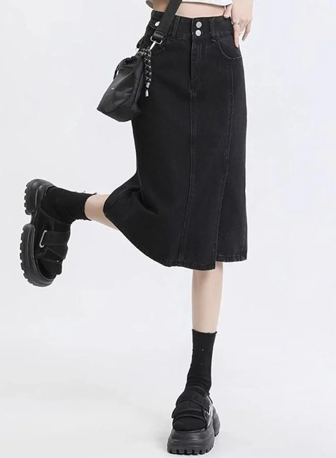 YUNIQEE Black A-Line Knee-Length Denim Skirts