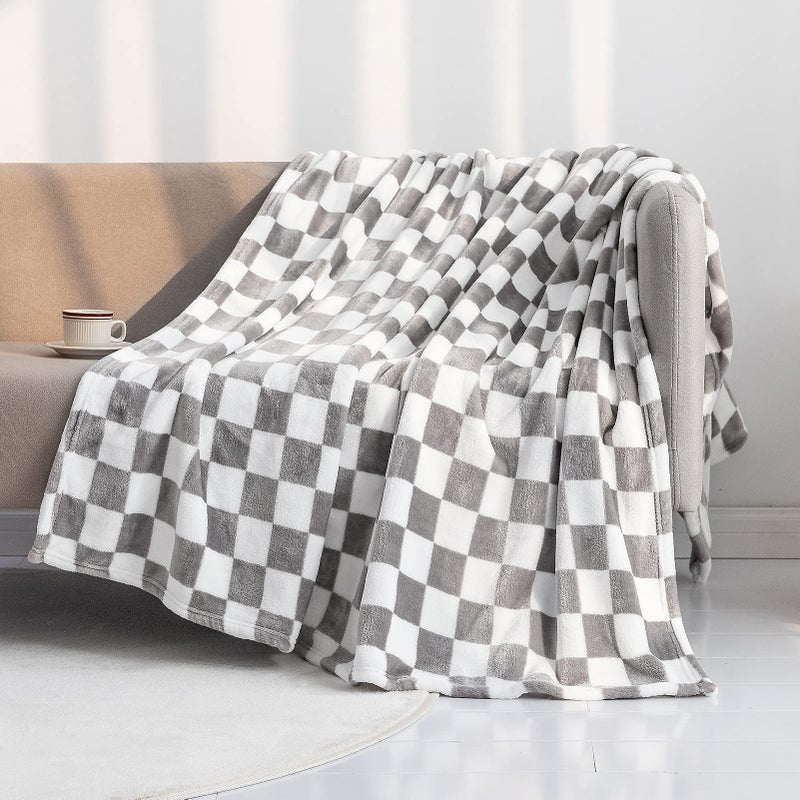 LOMAO Throw Blankets Flannel Blanket with Checkerboard Grid Pattern Soft Throw Blanket for Couch Bed Sofa Luxurious Warm and Cozy for All Seasons Grey 50x60