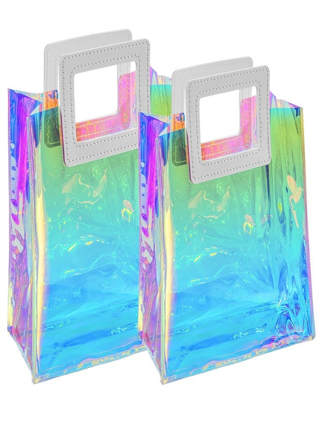 Caleihd Holographic Small Gift Bags 2 Pack 7.9 * 7.1 * 3.9 Inch with Handles for Women, Girls, Birthday, Christmas, Bachelorette Party Favors, Shopping Reusable Clear Gift Wrap Bag - Image 1