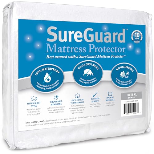 SureGuard Mattress Protectors SureGuard Twin Extra Long XL Mattress Protector  100 Waterproof Hypoallergenic  Premium Fitted Cotton Terry Cover White 