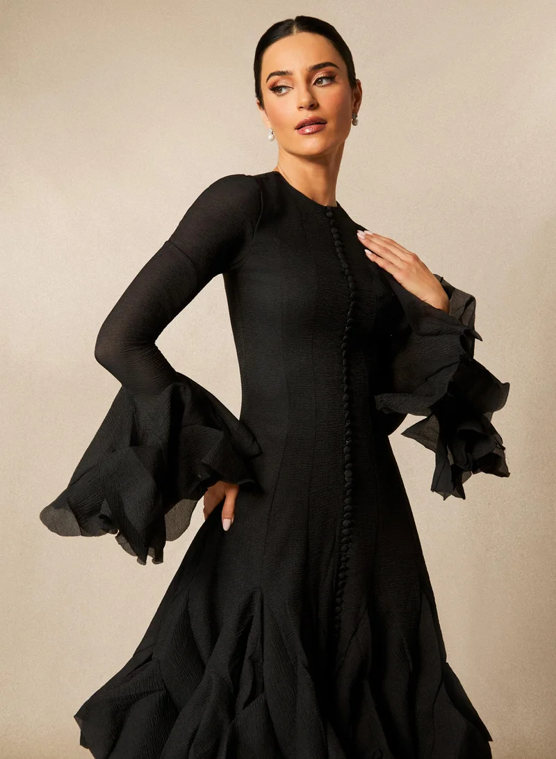 Sunfere Black Gloria Long Sleeve Flared Hem Midi Dress for Women | Best Price UAE