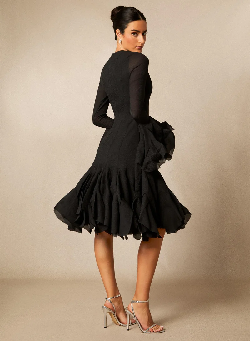 Sunfere Black Gloria Long Sleeve Flared Hem Midi Dress for Women | Best Price UAE