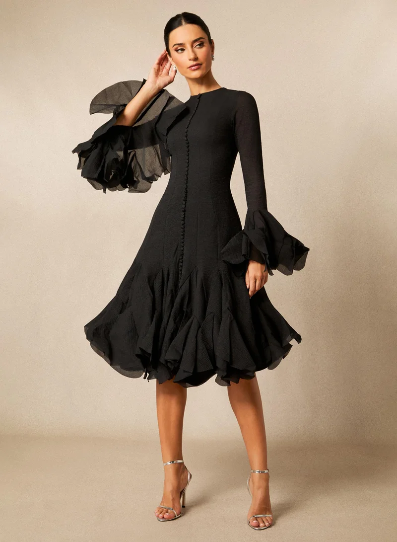 Sunfere Black Gloria Long Sleeve Flared Hem Midi Dress for Women | Best Price UAE