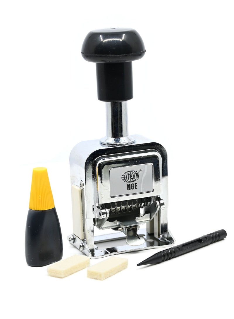 FIS آلة ترقيم FIS شديدة التحمل مكونة من 6 أرقام مع زجاجة حبر و2 وسادة جافة، أوتوماتيكية، لون كروم إنجليزي -FSNMN6E - Image 1